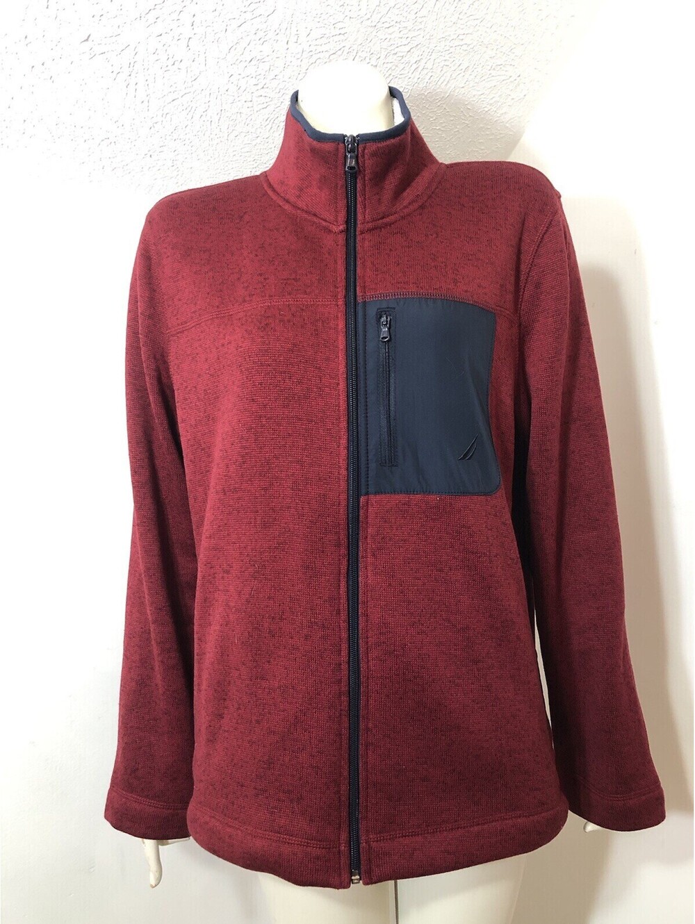New Womans XL Nautica Sweater Knitted Fleece Jacket Maroon Navy Zip Pocket